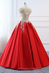 Modest Red Cap Sleeves Ball Gowns Lace Satin Semi Formal Prom Dresses Evening Dresses